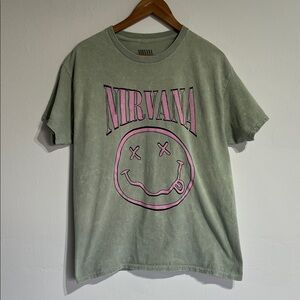 NIRVANA Olive Green Tee with Pink Logo